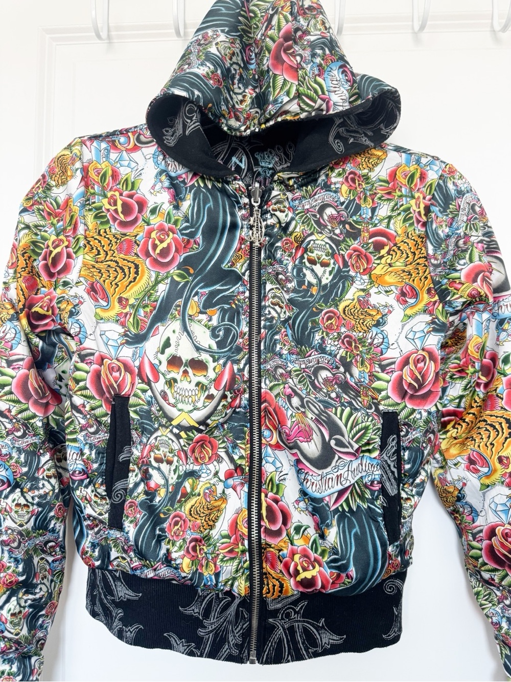 Rare Vintage Christian Audigier Ed Hardy Reversible Crop Graphic Hoodie Y2K